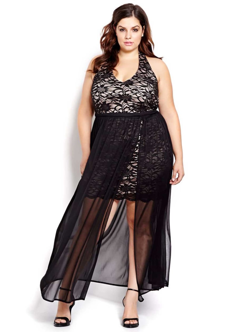 New Noir Lace and Chiffon Halter Dress | Addition Elle